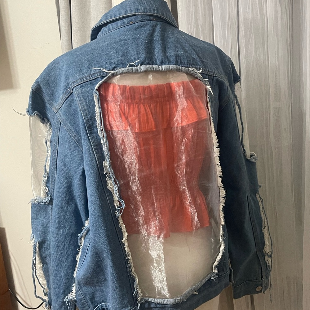 Denim And Sheer Patchwork Jacket - image 2